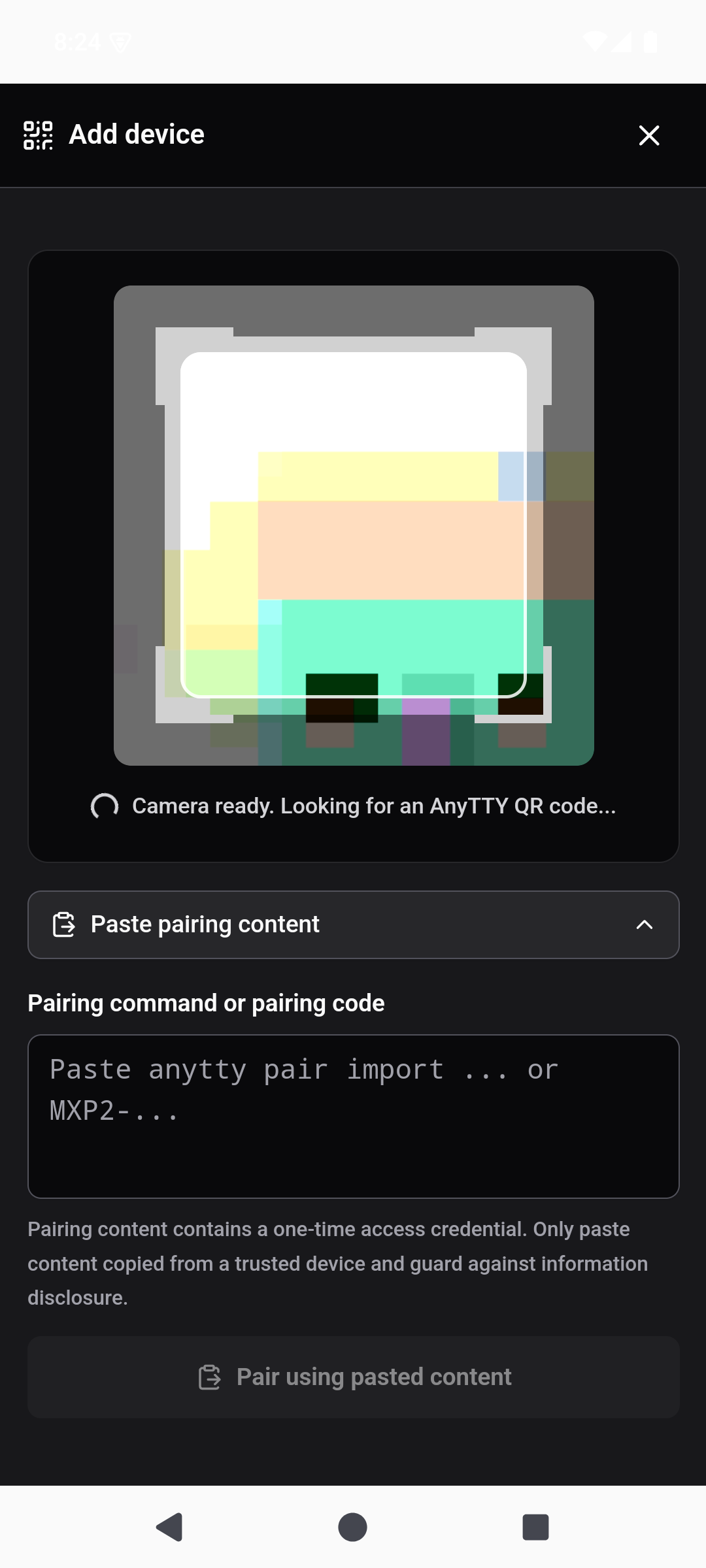 QR scanner and paste controls in the AnyTTY Android app