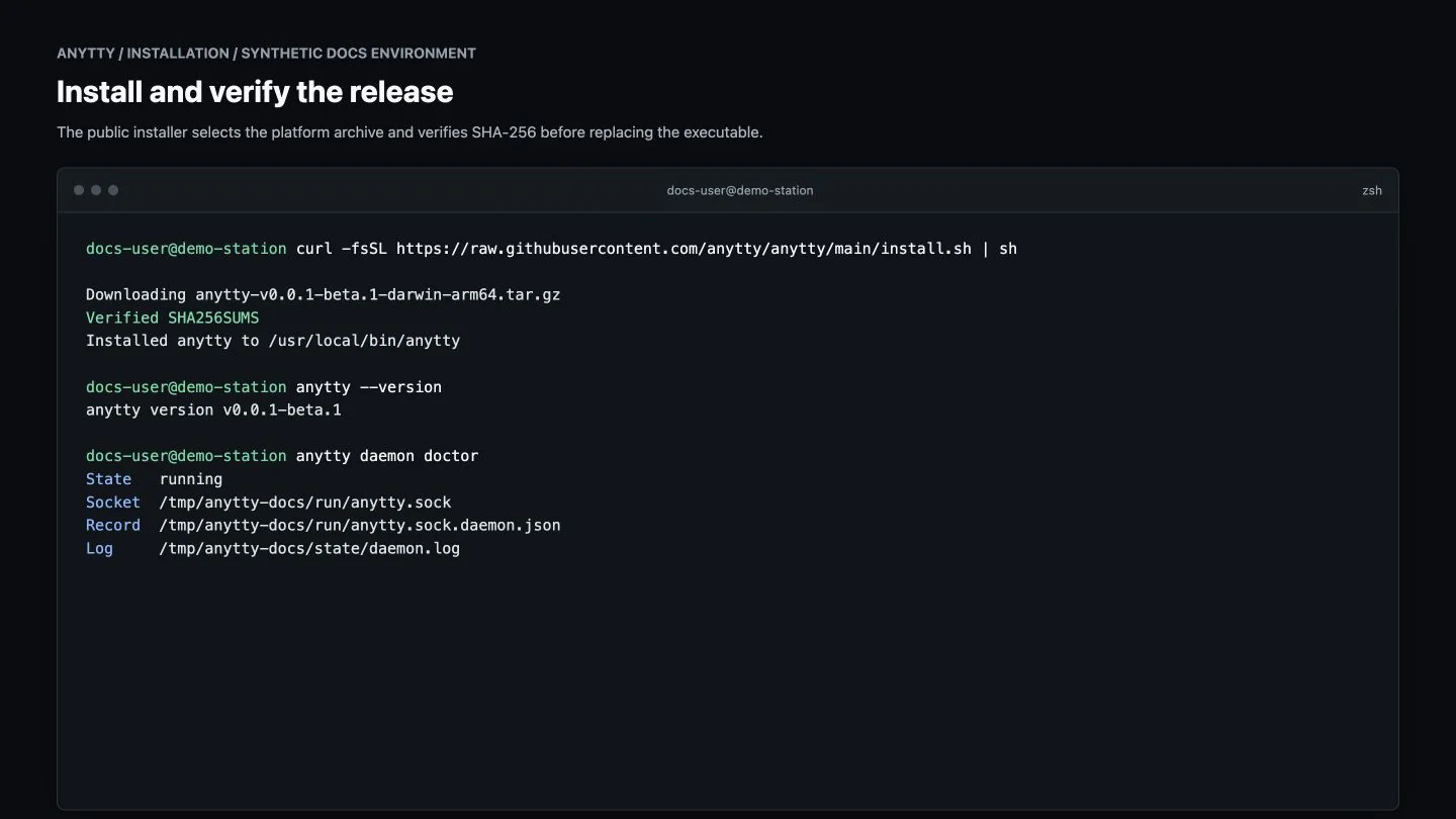 Terminal showing AnyTTY installation, version output, and a successful daemon health check